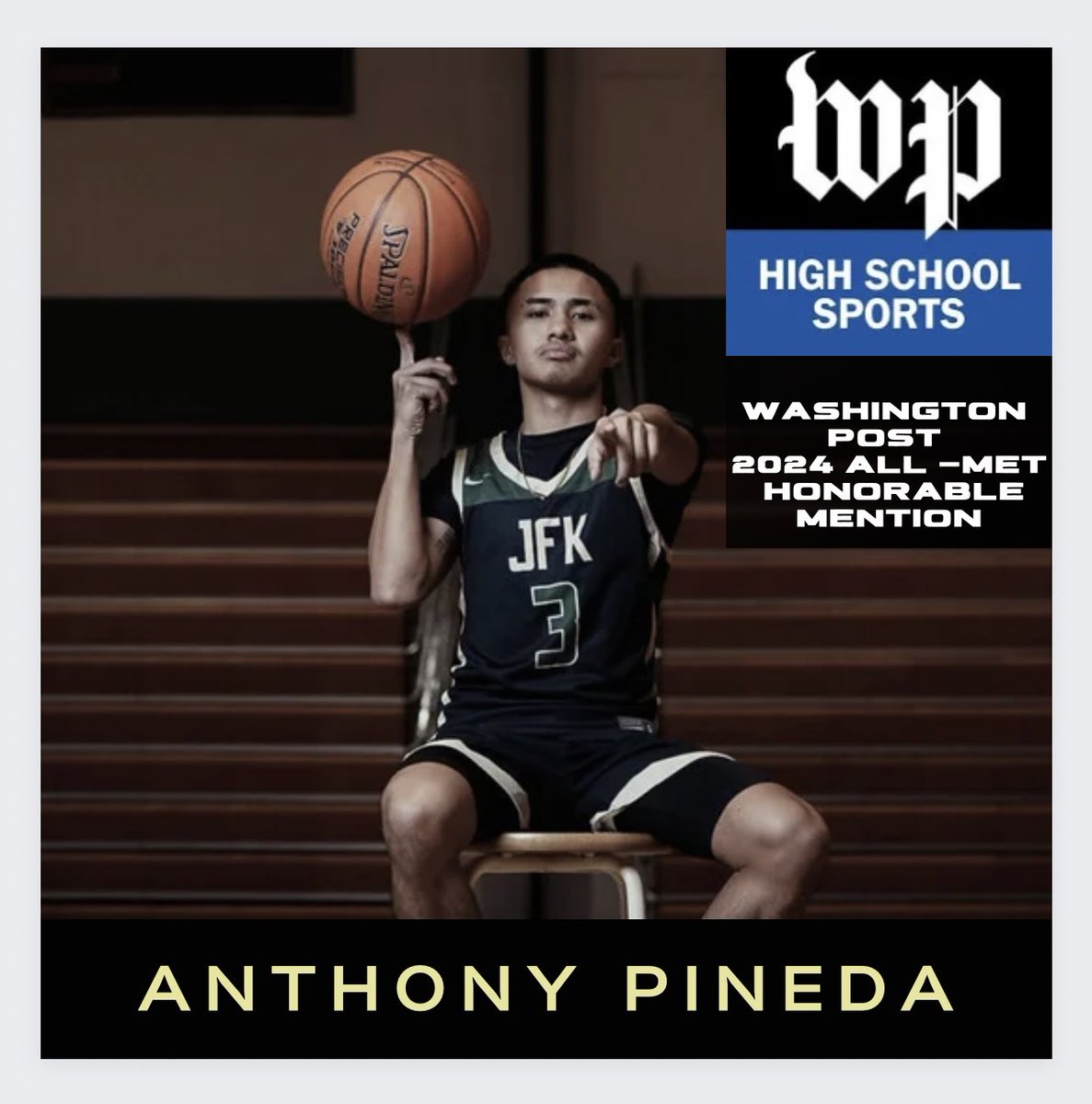 JFK_Hoops's tweet photo. Congratulations to ‘24 Anthony Pineda for making the Washington Post All-Met Honorable mention list, as one of the DC Area’s top basketball performers!  Pineda led the Kennedy Cavaliers to a 17-5 season, winning a MOCO 4A South division title.  He finished as a top 5 scorer averaging 17 pts per game, as the Cavs finished the regular season in a tie for 2nd place in Montgomery County making a regional championship appearance as host.  Other accolades include 1st Team All-Montgomery County and MOCO 4A South All-Division team.  Congrats to Anthony on an outstanding season and career at JFK!!!  @AntPinedaa @athletics_jfk @_JFKPrincipal 

https://t.co/P5pd03mhUH