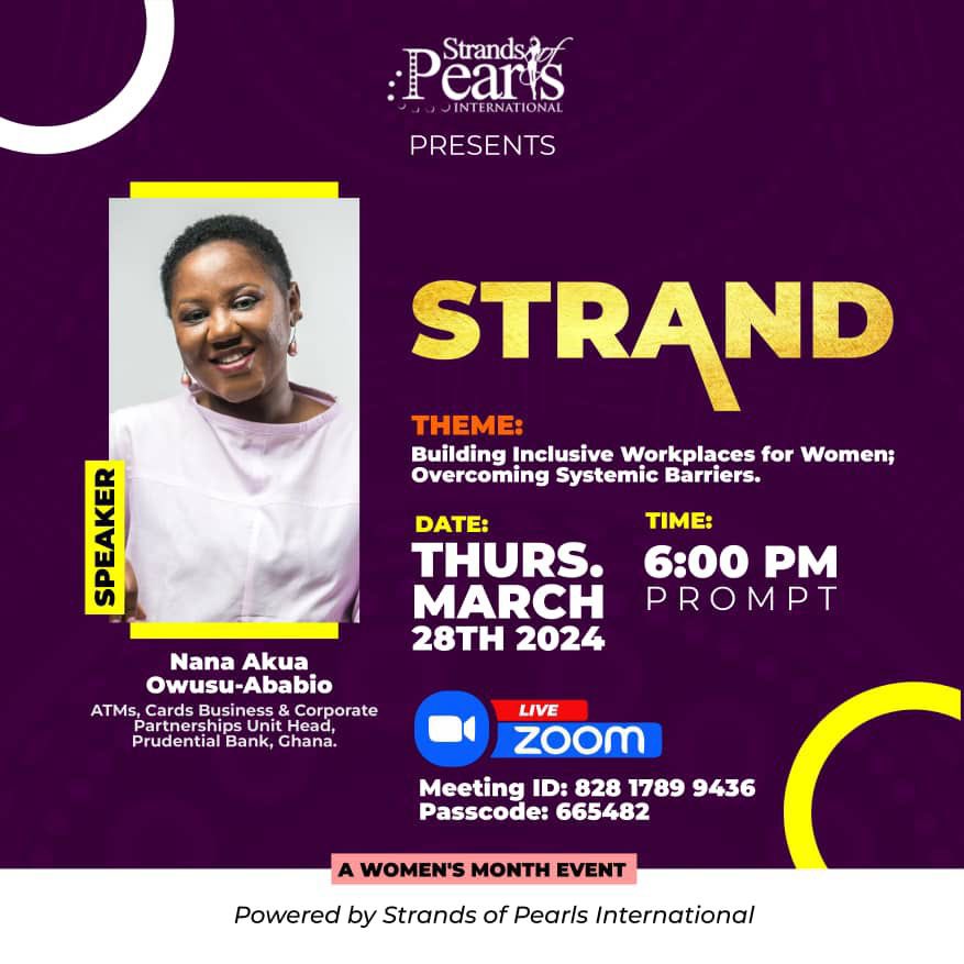 SOP_Int's tweet photo. Join us for the Women's Month Edition of "Strand", our monthly virtual engagement event, tomorrow! 
Theme - “Building Inclusive Workplaces for Women: Overcoming Systemic Barriers."
📅 Thursday, March 28th, 2024 
🕕 6:00 PM (GMT) 
🔑 Meeting ID: 82817899436 
🔒 Passcode: 665482 https://t.co/HNX21saOQ7