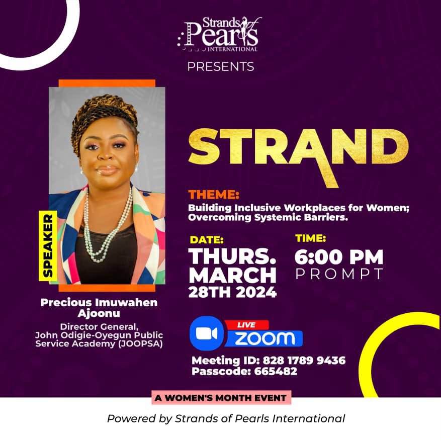 SOP_Int's tweet photo. Join us for the Women's Month Edition of "Strand", our monthly virtual engagement event, tomorrow! 
Theme - “Building Inclusive Workplaces for Women: Overcoming Systemic Barriers."
📅 Thursday, March 28th, 2024 
🕕 6:00 PM (GMT) 
🔑 Meeting ID: 82817899436 
🔒 Passcode: 665482 https://t.co/HNX21saOQ7
