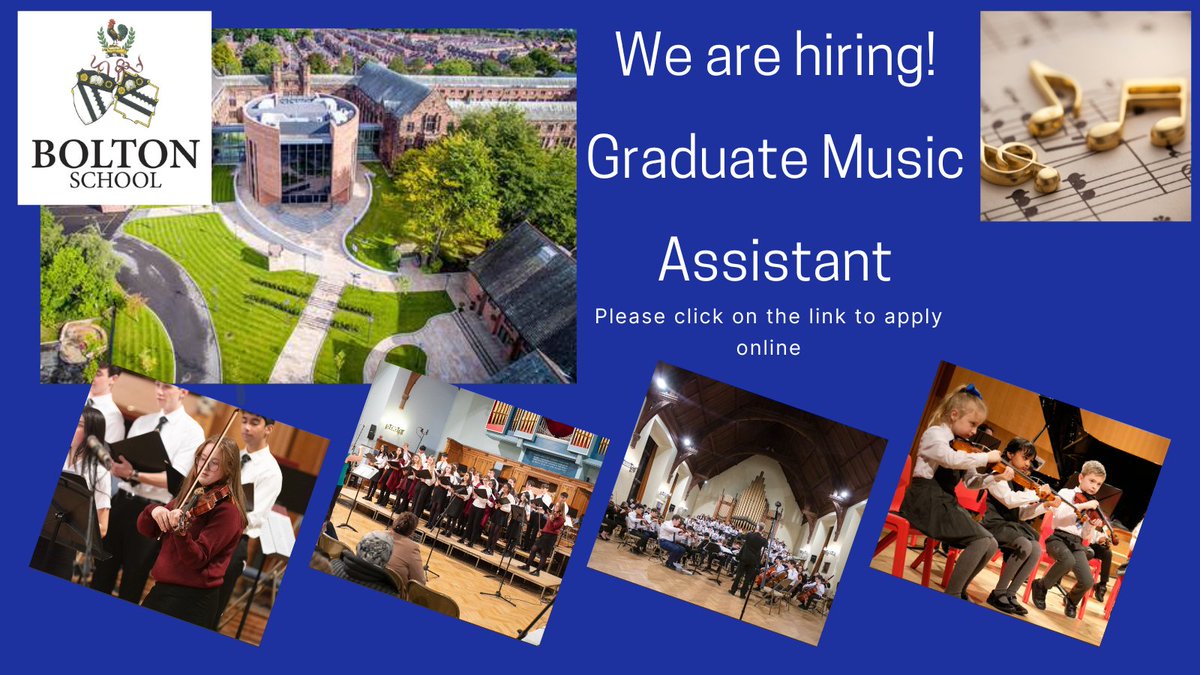 We are hiring! We are currently looking for a Graduate Music Assistant at Bolton School on a fixed term basis for one academic year.

Please click here to apply: bit.ly/43CTS6i
#hiring #boltonjobs #recruitment  #musicassistant #graduate