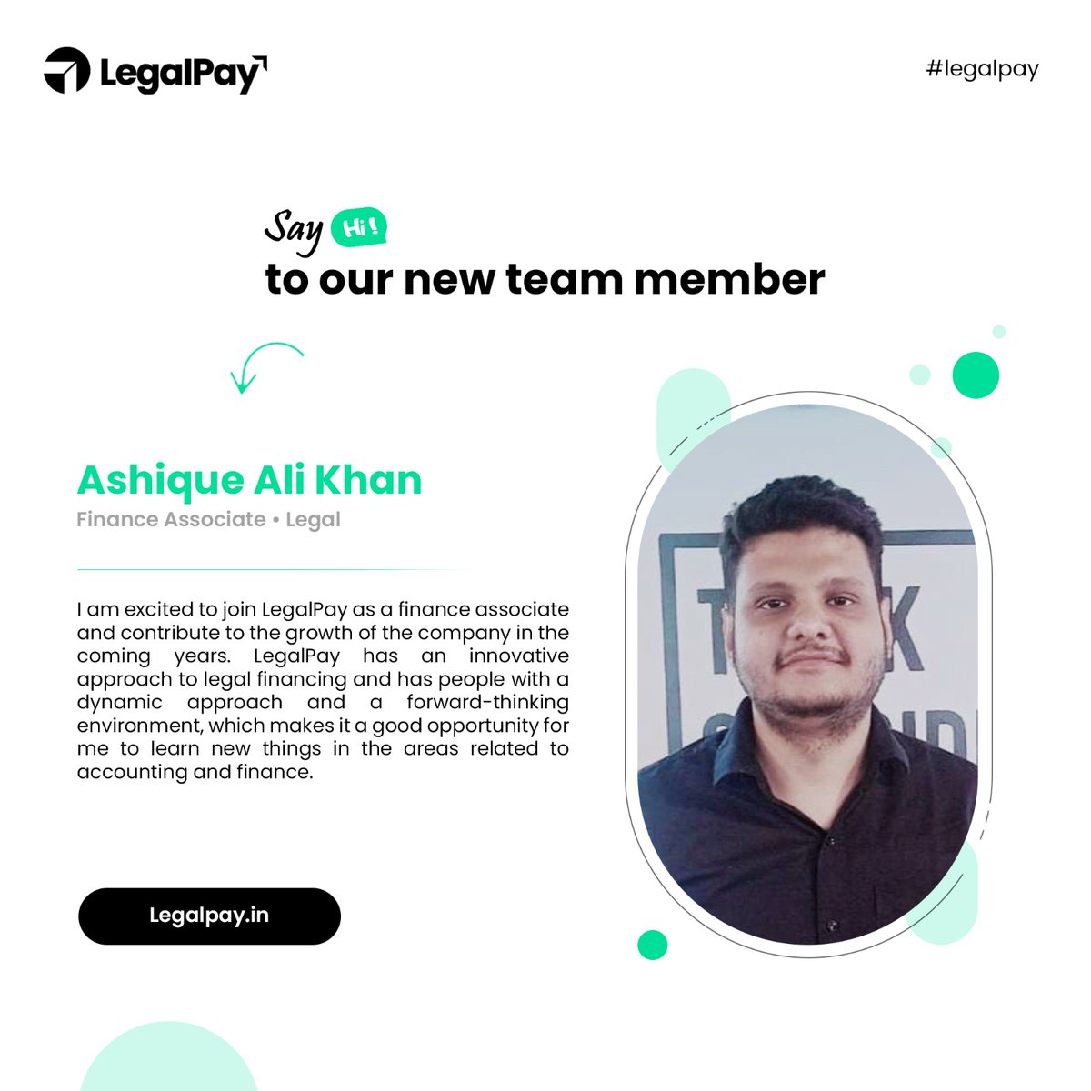 legal_pay's tweet image. 🎉 We're thrilled to #welcome Ashique khan to the LegalPay family as our newest Finance Associate!

We're excited to see him contribute his #skills and dedication to our mission of empowering #legalfinancing in India.

Join us in extending a warm welcome to Ashique!