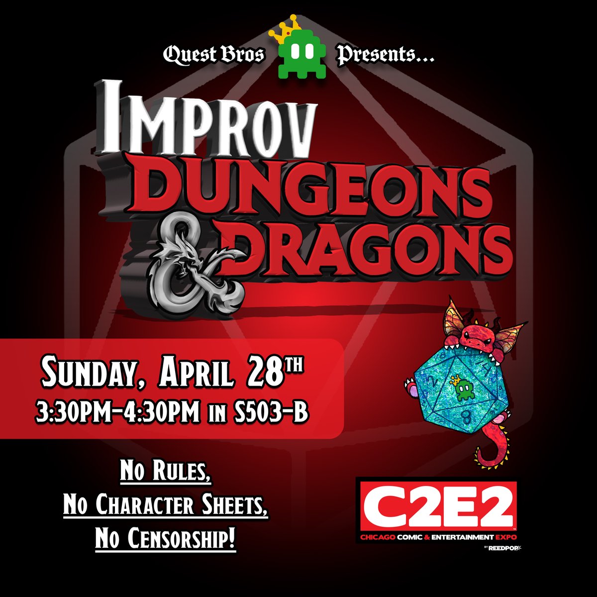 QuestBros's tweet photo. Let the countdown begin! Improv D&amp;D at @c2e2 is on Sunday, April 28th at 3:30 in room S503-B! We'll be there all weekend! Don't be afraid to say "Hi" if you see us around. #ttrpg #dnd #questbros #comedy #panel #improvdnd #improv #cosplay #chicago #C2E2 https://t.co/QHi9vLSOSA