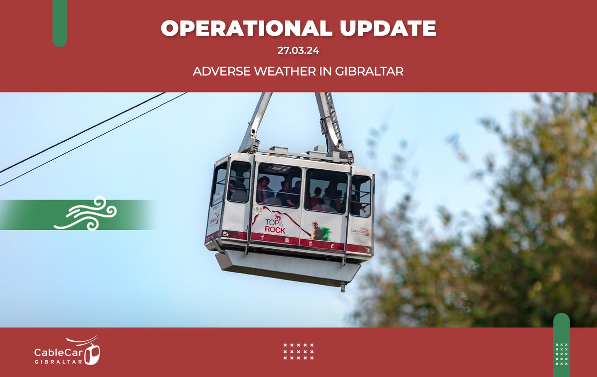 Due to forecasted adverse weather conditions in #Gibraltar, including strong winds & thundery rain, the Cable Car is expected to remain closed until Easter Monday 1st April. We will continue to monitor the weather & keep you informed of any change. Follow us for LIVE updates.