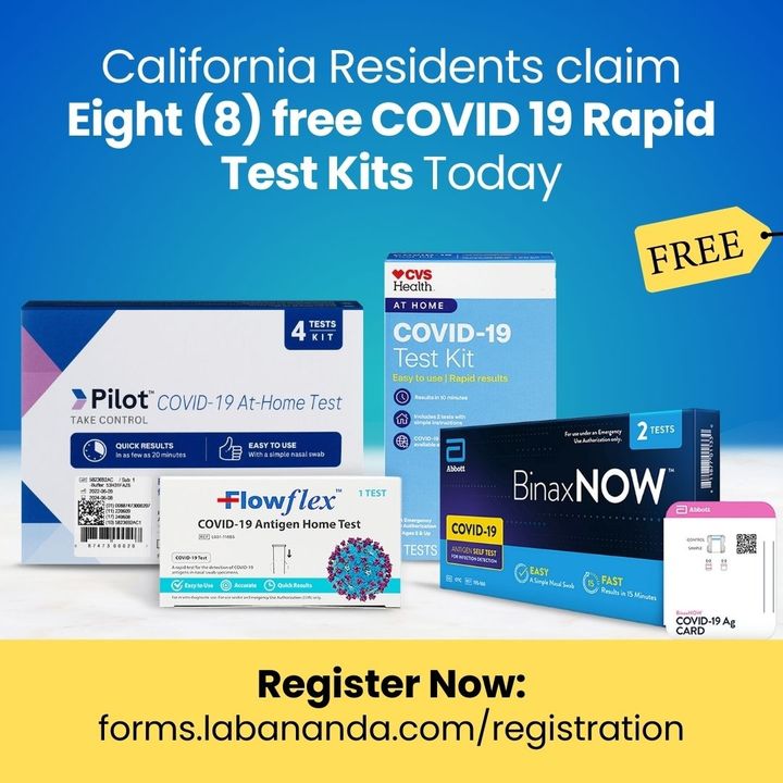 AnandaLabs's tweet photo. CALIFORNIA RESIDENTS
CLAIM EIGHT (8) FREE
CALIFORNIA RESIDENTS
CLAIM EIGHT (8) FREE
COVID-19 RAPID TEST KITS TODAY!

REGISTER NOW: https://t.co/5QXR6giRk2

#covidtesting
#antigentesting
#pcrtesting
#freecovidtest
#covidtest https://t.co/KAcG8xuvaN