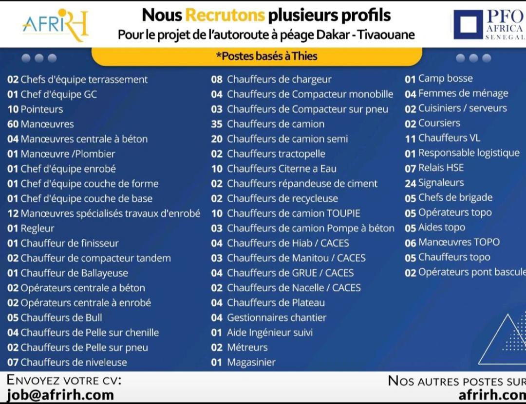 Seck_pharaon's tweet photo. RECRUTEMENT MASSIF : PROJET AUTOROUTE A PEAGE DAKAR -TIVAOUNE  Vous êtes ambitieux et souhaitez participer au changement du paysage sénégalais ? AFRI RH recrute pour PFO Africa Sénégal, différents profils.  Votre profil figure parmi la liste ?  postulez par mail : Job@afrirh.com https://t.co/NDXg1XZnN1
