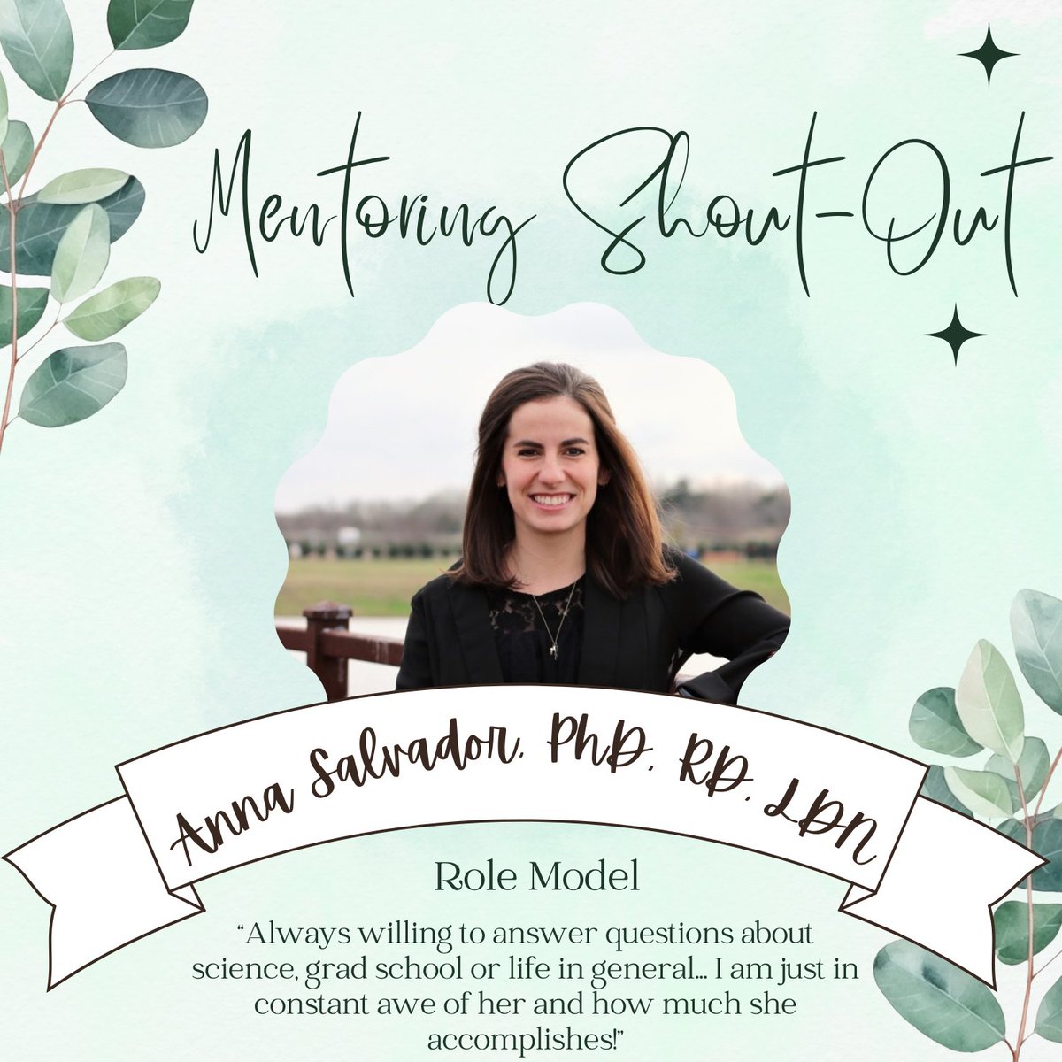 Today's mentoring shout-out is for Anna Salvador, PhD, RD, LDN, Postdoctoral Research Fellow in the UNC Center for Gastrointestinal Biology & Disease. Dr. Salvador was nominated for being a fantastic role model for others around her.