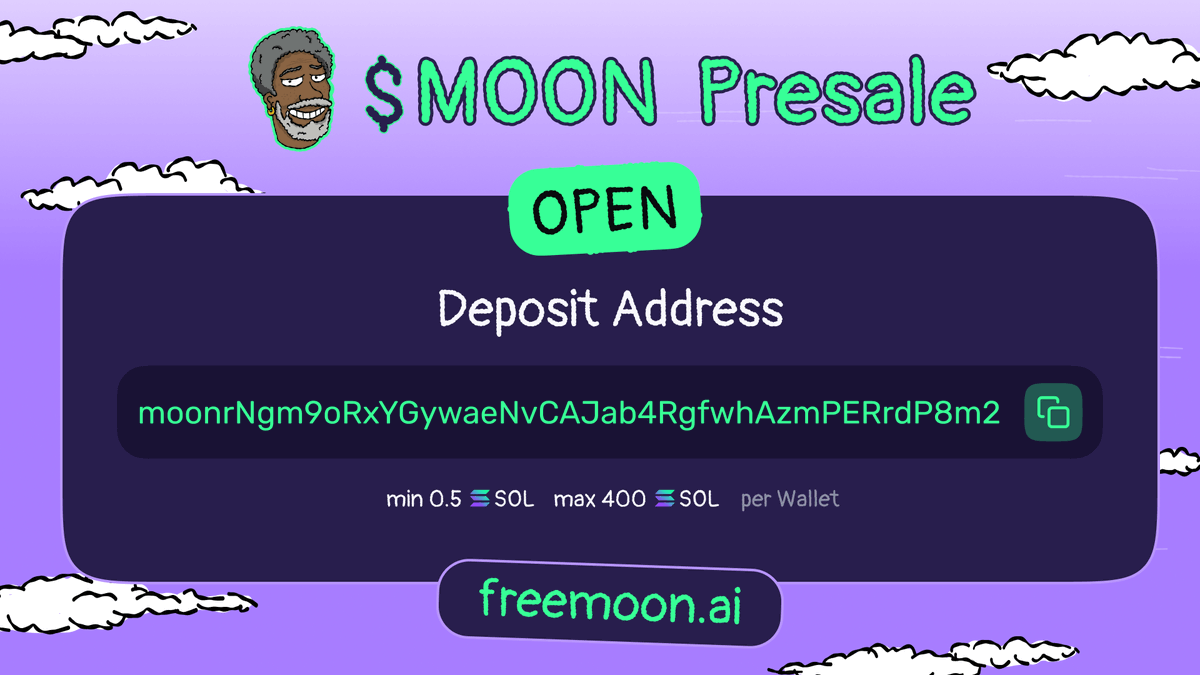 $MOON #Presale is now LIVE

Deposit Address: 
moonrNgm9oRxYGywaeNvCAJab4RgfwhAzmPERrdP8m2

Min. 0.5 SOL Max. 400 SOL per wallet

Hardcap: 40,888

Set Yourself #Free and Join the #AI #Memecoin Revolution