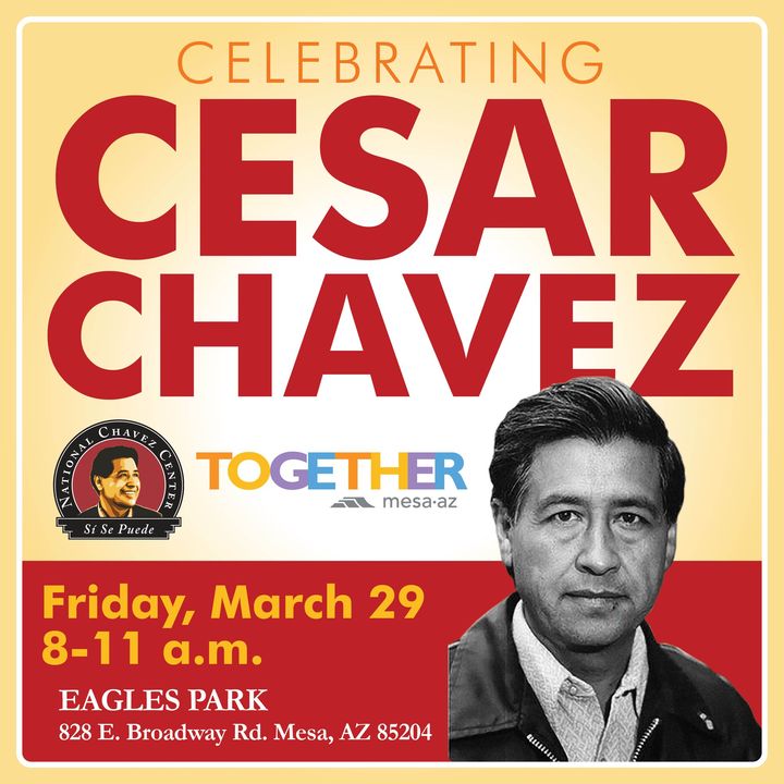 Come celebrate Cesar Chavez at Eagles Park on Friday, March 29, from 8-11 a.m. A FREE family-friendly event with food, inflatables, music, and more! Let’s celebrate his legacy together. ¡Sí se puede! Part of our #TogetherMesa initiative. Learn more at mesaaz.gov/togethermesa
