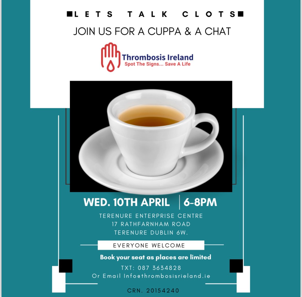 Have you been diagnosed with blood clots? Are you seeking support or information? Join us for a cuppa & a chat on Wednesday 10th April, 6-8pm. Booking essential. Txt 087 363 4828 or email Info@thrombosisireland.ie @thrombosisday @NVTEProgramme @IEHospitalGroup @DMHospitalGroup