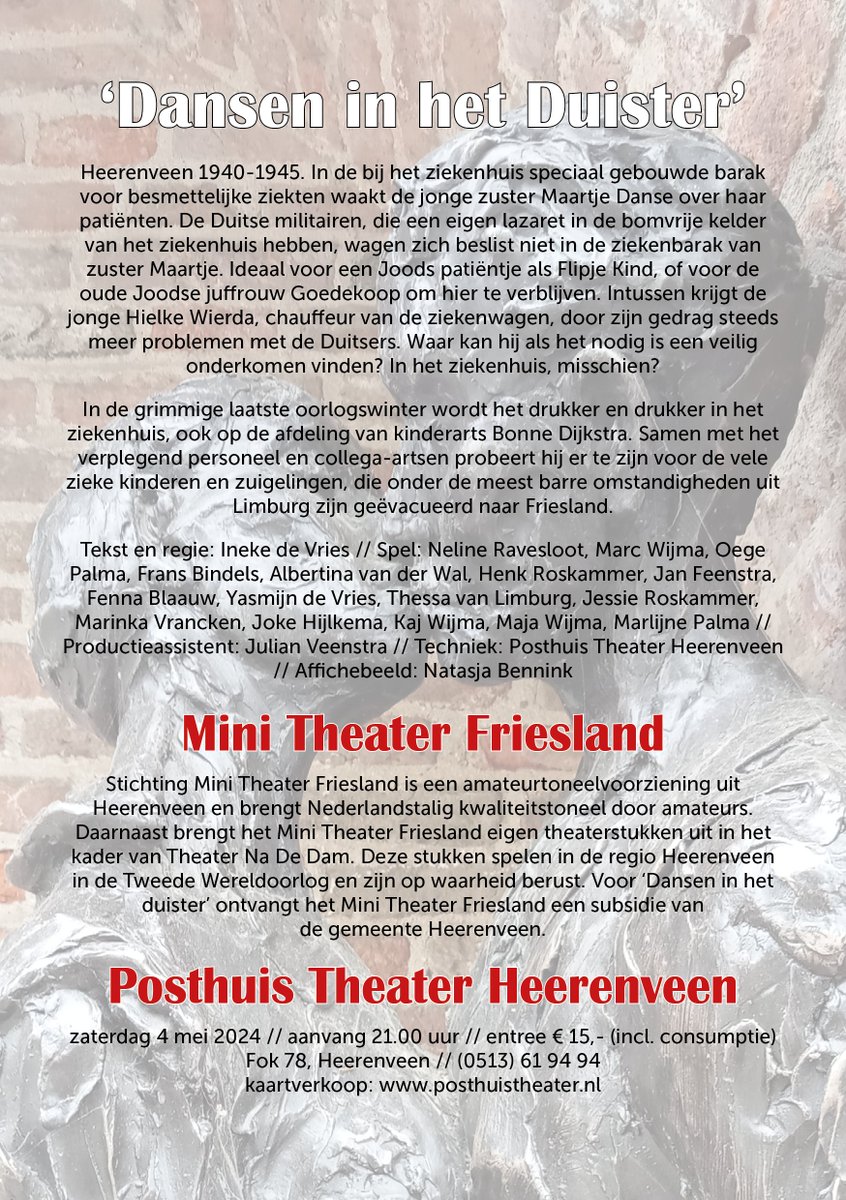 MiniTheaterFrl's tweet photo. za 4 mei | 21:00 | 15,- | @PosthuisTheater | Toneelstuk 'Dansen in het duister' over gebeurtenissen in het ziekenhuis Heerenveen in WO II | ihkv @TheaterNadeDam https://t.co/1vLaHMsBvk