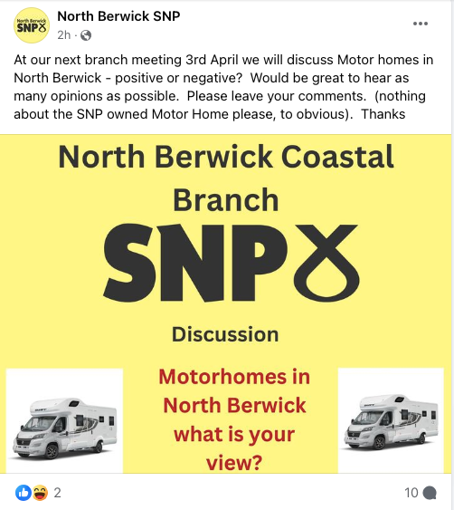 North Berwick SNP is asking people for their views on motorhomes. Brave.