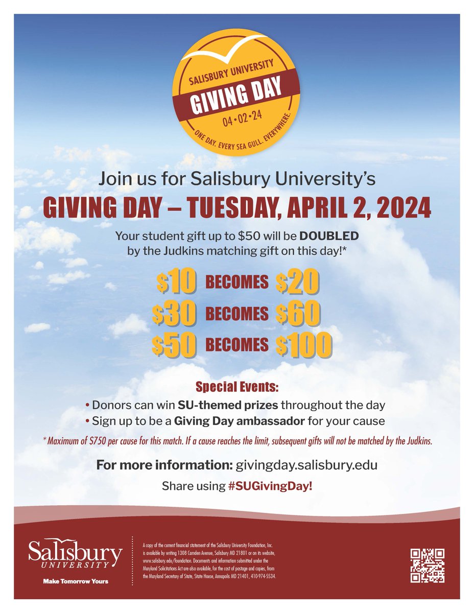 Tuesday, April 2, 2024 is Giving Day. Please consider supporting one of our Seidel School of Education Funds. You may choose one of the funds on our Giving Page. Thank you in advance for your support. givingday.salisbury.edu/campaign_searc…