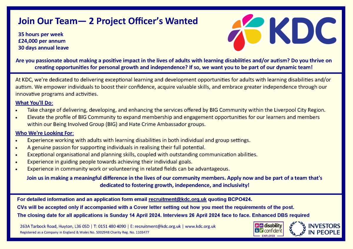 KDC have two new job openings to help deliver our Learning Disabilites services. To apply or for more information, email recruitment@kdc.org.uk