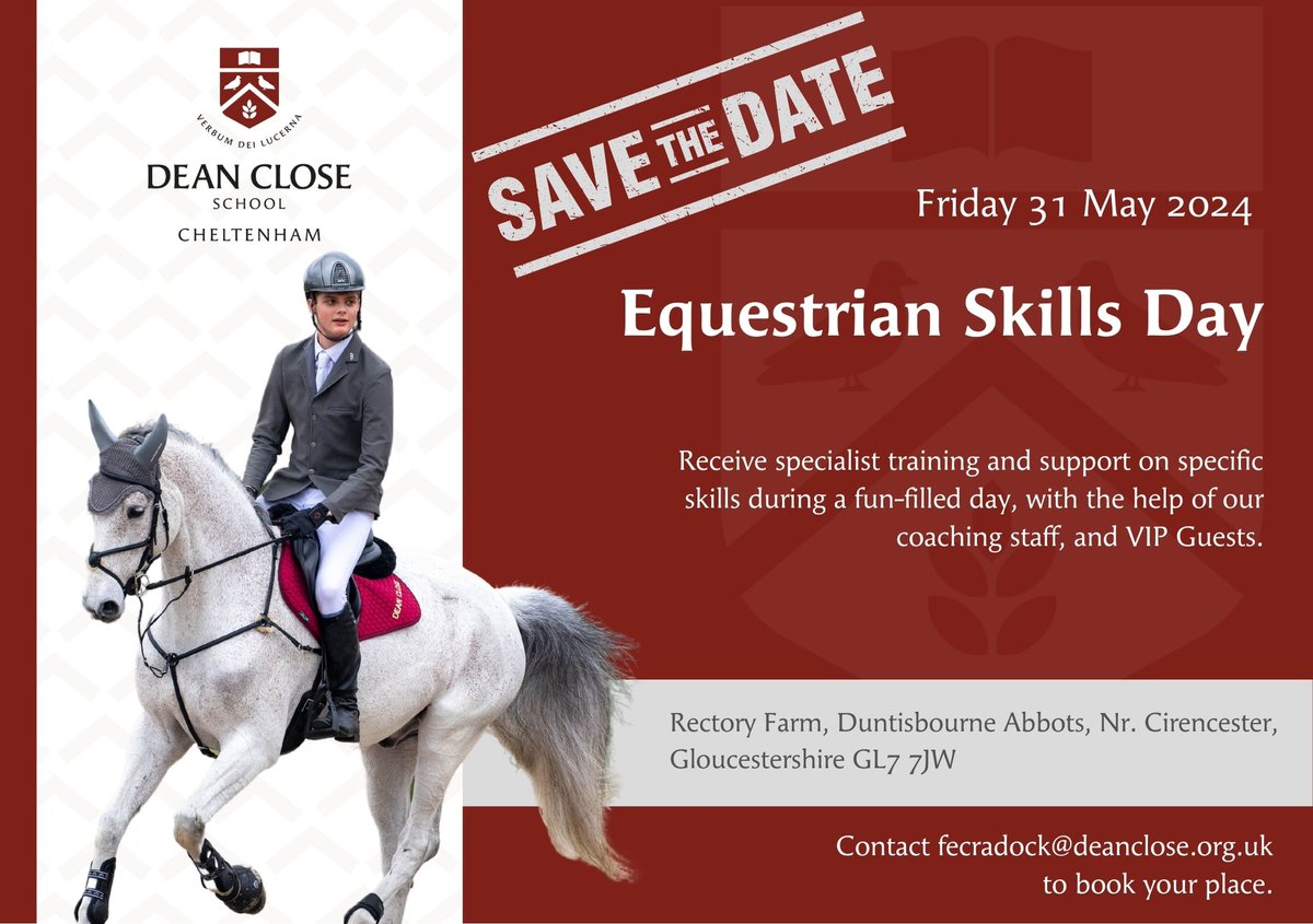 🏇 Building upon the success of last year, we are delighted to announce that our Equestrian Skills Day will take place on Friday 31 May. Contact fecradock@deanclose.org.uk to book your place. #DeanCloseEquestrian #DeanCloseSkillsDay #DeanCloseFlourishing