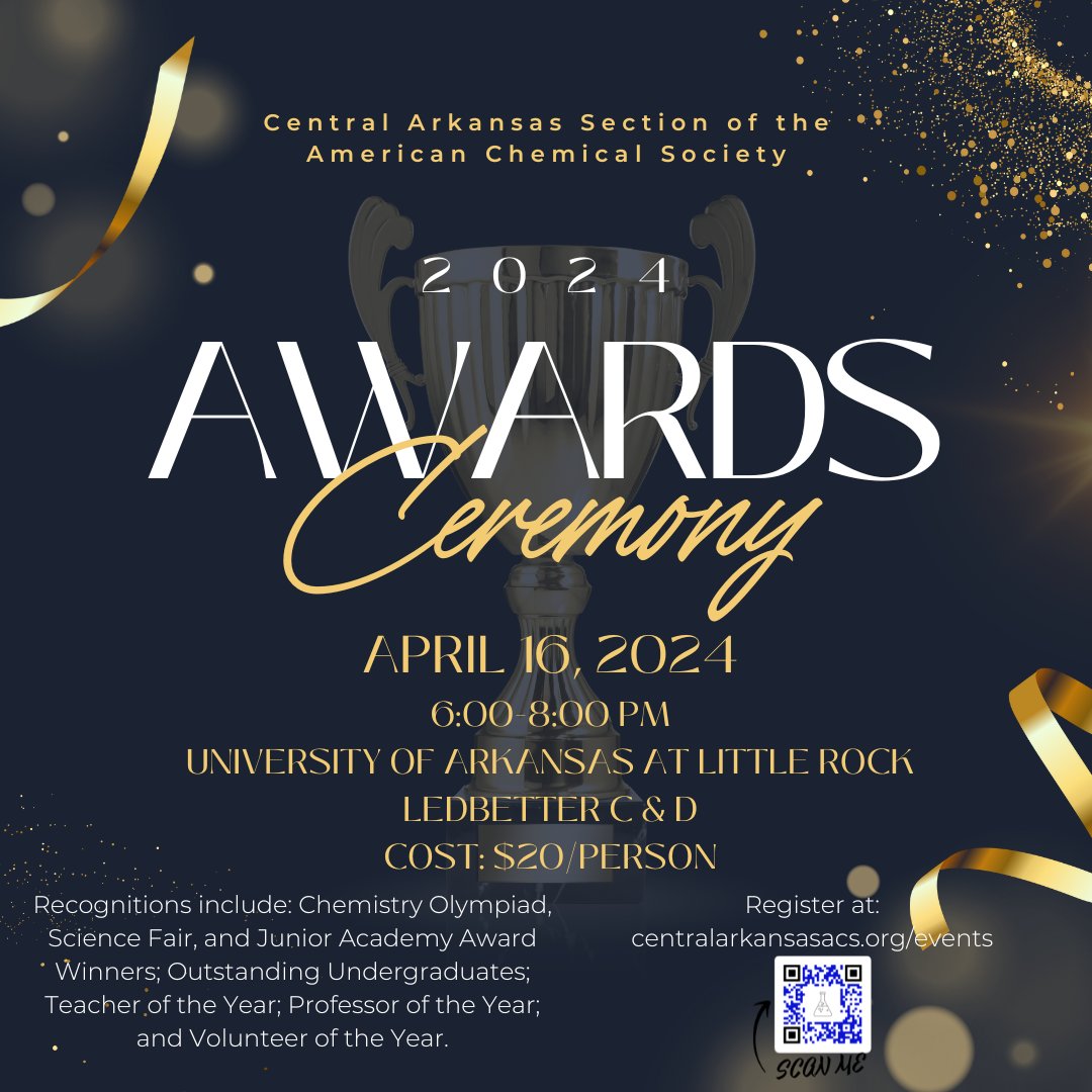 Join us for the 2024 Awards Ceremony on April 16, 2024, from 6:00 to 8:00 PM at the University of Arkansas at Little Rock 🏆
#AwardsCeremony #UniversityofArkansas #ArkansasEvents #ArkansasCommunity #UAatLittleRock #ArkansasStudents #ArkansasChemistry #ChemistryEducation