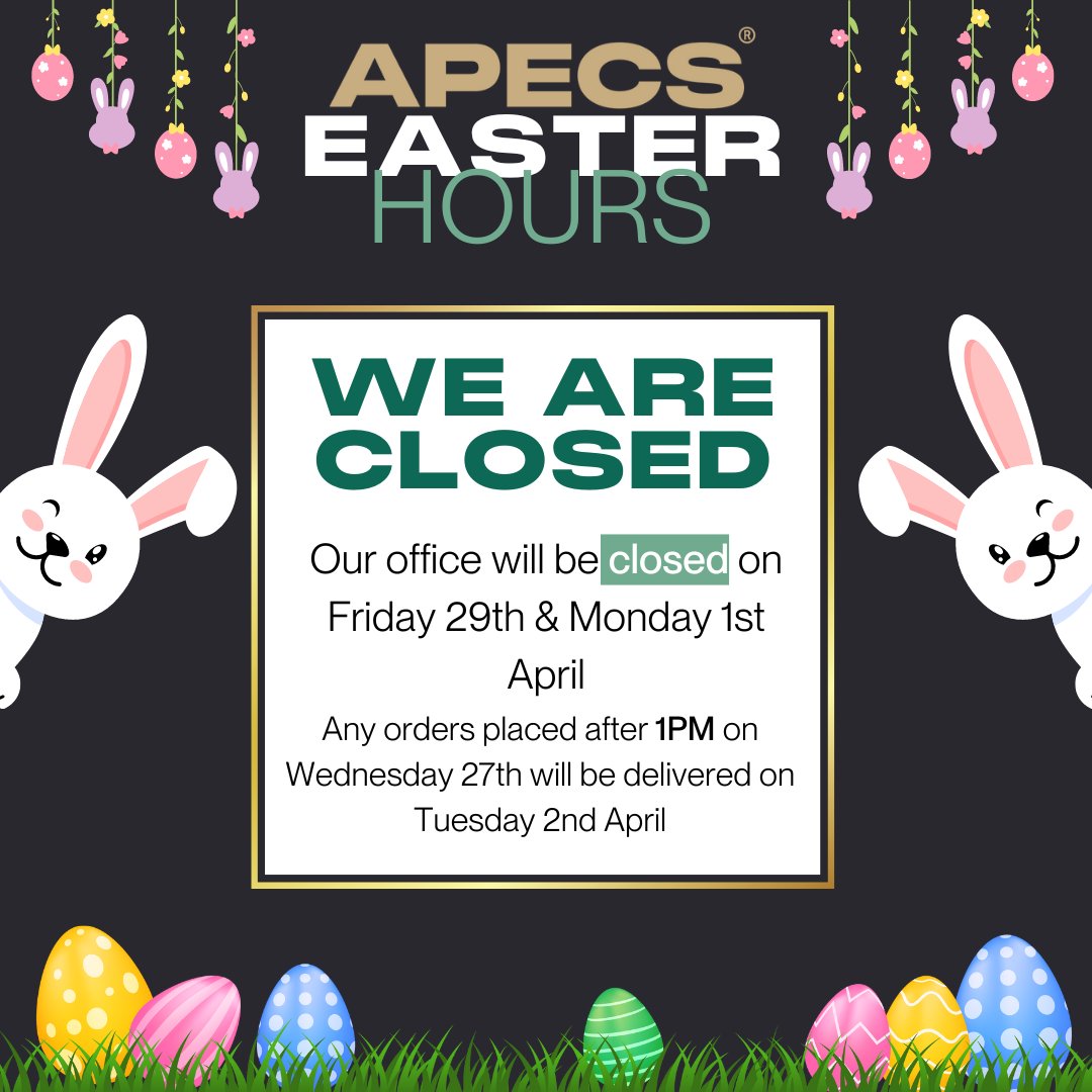 🐰🌼 EASTER HOLIDAY NOTICE 🌼🐰 Our office will be closed for the Easter holiday from Friday, March 29th, and will reopen bright and early on Tuesday, April 2nd. Thanks for your understanding, and we hope you have an amazing Easter weekend filled with joy and chocolate! #APECS