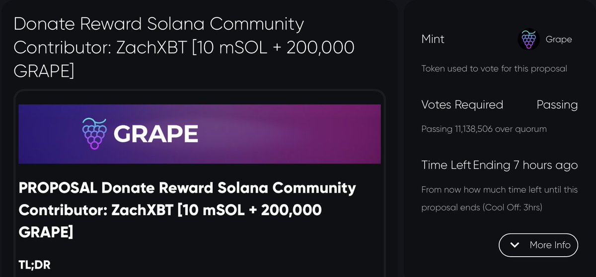 The Grape DAO appreciates <a href="/ZachXBT/">ZachXBT</a> with a symbolic mSOL donation for his investigative efforts on Solana, enhancing transparency &amp; community safety. 

Additionally, a GRAPE donation extends an invite to join Grape DAO, fostering potential interest or collaboration.