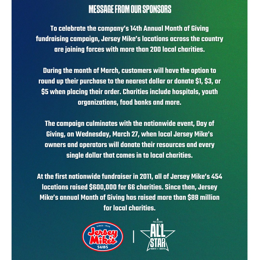 Phil Simms North South All-Star (@psimmsnosogame) on Twitter photo Jersey Mike’s Day of Giving is TODAY! 
100% of ALL sales from today, March 27th, will be donated to 200+ local charities around the country. Orders can be placed online, in-store, or through the Jersey Mike’s app. Eat a Sub, Make a Difference ❤️
#JerseyMikesGives Jersey Mike’s Day of Giving is TODAY! 
100% of ALL sales from today, March 27th, will be donated to 200+ local charities around the country. Orders can be placed online, in-store, or through the Jersey Mike’s app. Eat a Sub, Make a Difference ❤️
#JerseyMikesGives