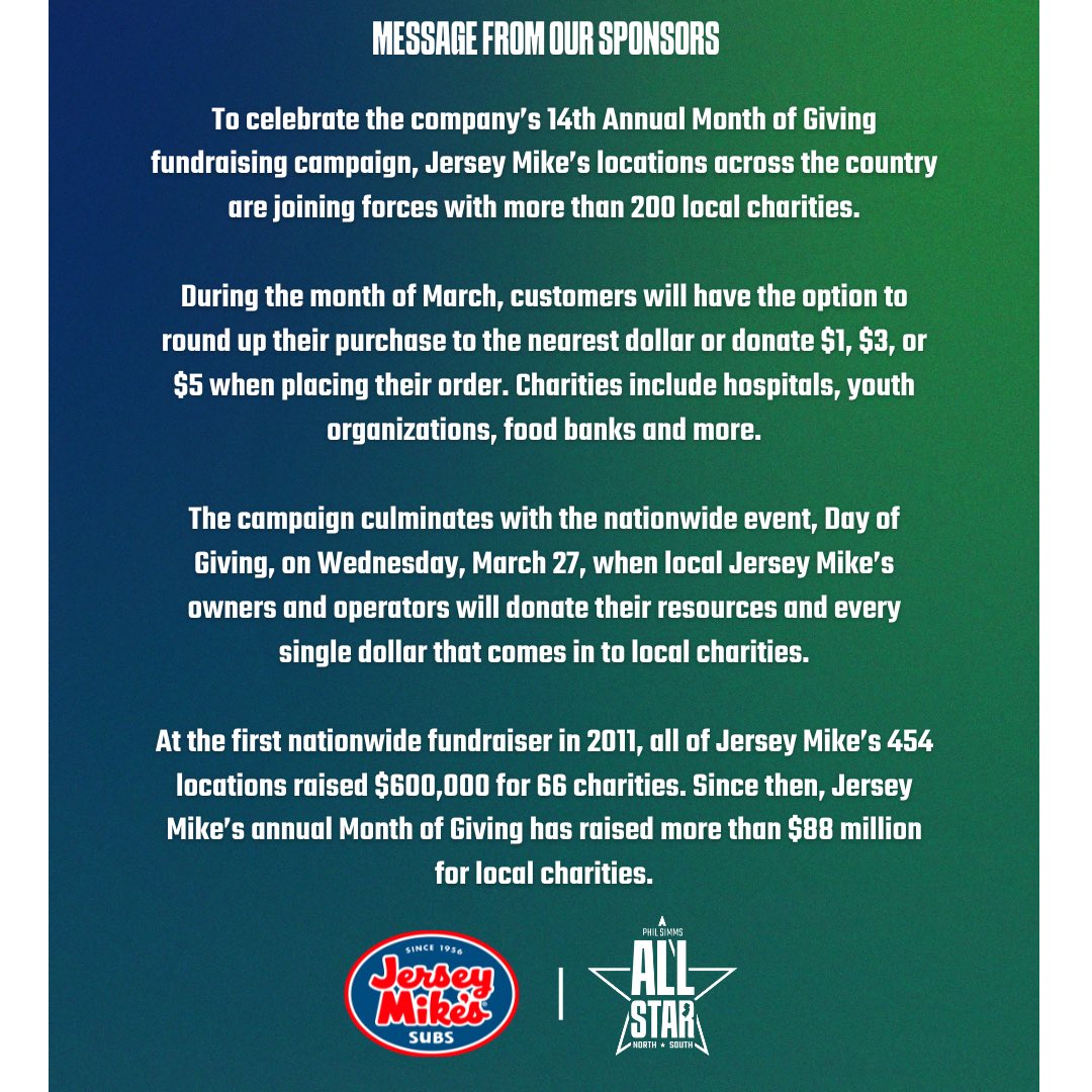 Jersey Mike’s Day of Giving is TODAY! 100% of ALL sales from today, March 27th, will be donated to 200+ local charities around the country. Orders can be placed online, in-store, or through the Jersey Mike’s app. Eat a Sub, Make a Difference ❤️ #JerseyMikesGives