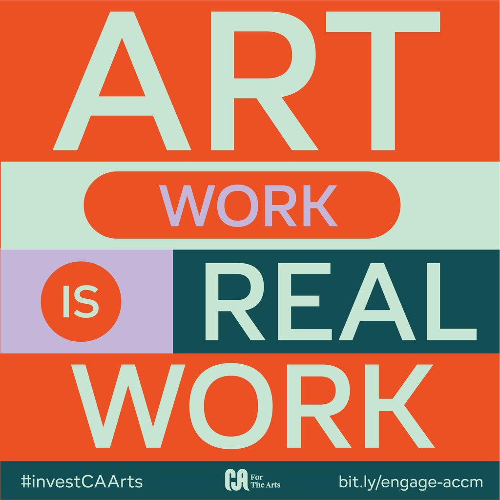 Arts workers are major contributors to California’s economy, culture, and community well-being. Artists deserve conditions to thrive and need to be legitimized as a workforce! Join our #ACCM2024 campaign this April because #ArtWorkisRealWork Visit: bit.ly/engage-accm