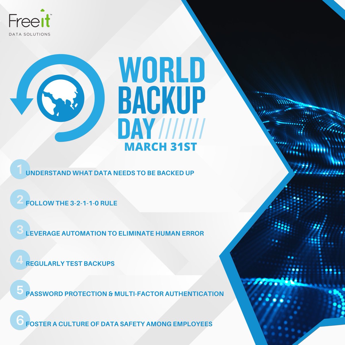 FreeitData's tweet image. Data loss can strike anytime, anywhere – but it doesn&apos;t have to be the end of the world! 🌎 This March 31st, join us in commemorating #WorldBackupDay by reinforcing your data protection strategy. 

Read more on our blog:
buff.ly/3xdv7RY 

#DataProtection #DataReliability