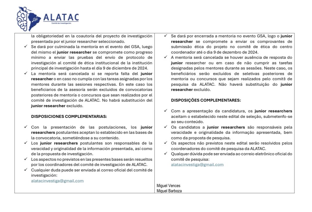 🚨MENTORING ALATAC🚨
  
👉🏻No se pierdan de esta oportunidad de mentoreo para junior Researchers de #LatinAmerica 
👉🏻 Requisitos : <35 años, residencia en latam, estudio/trabaje en ACV
👉🏻 Deadline: 20/4/24
📧 alatacinvestiga@gmail.com
<a href="/ALATACV/">Alianza Joven Latinoamericana contra el ACV</a> <a href="/WorldStrokeEd/">World Stroke Academy</a>