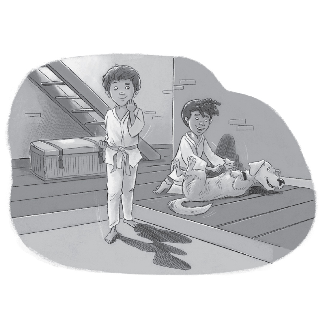 Having ADHD means Connor has to work a little harder to keep his focus when practicing taekwondo. Especially when a cute dog is hanging out with him. Image from Connor and the Taekwondo Tournament, the third Infinity Rainbow Club book. hubs.li/Q02nh6LK0
