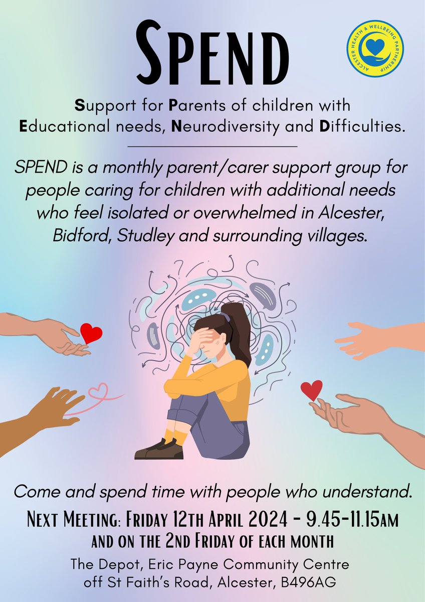 AlcesterTown's tweet image. SPEND- The April meeting of this successful support group is on Friday 12 April at the Depot, Eric Payne Community Centre from 9.45- 11.15am.
#Specialeducationalneeds #Neurodiversity #additionalneeds