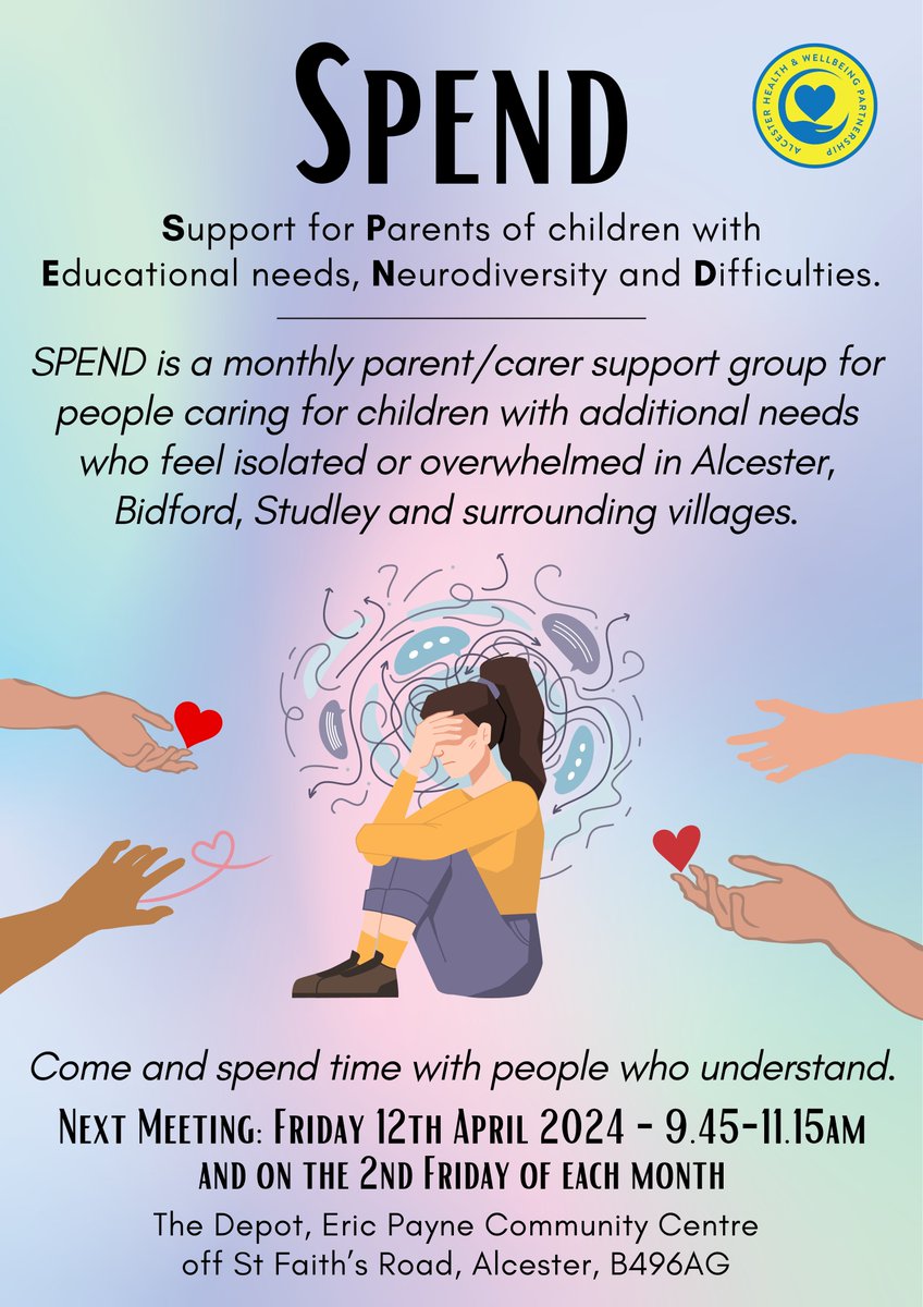 SPEND- The April meeting of this successful support group is on Friday 12 April at the Depot, Eric Payne Community Centre from 9.45- 11.15am.
#Specialeducationalneeds #Neurodiversity #additionalneeds