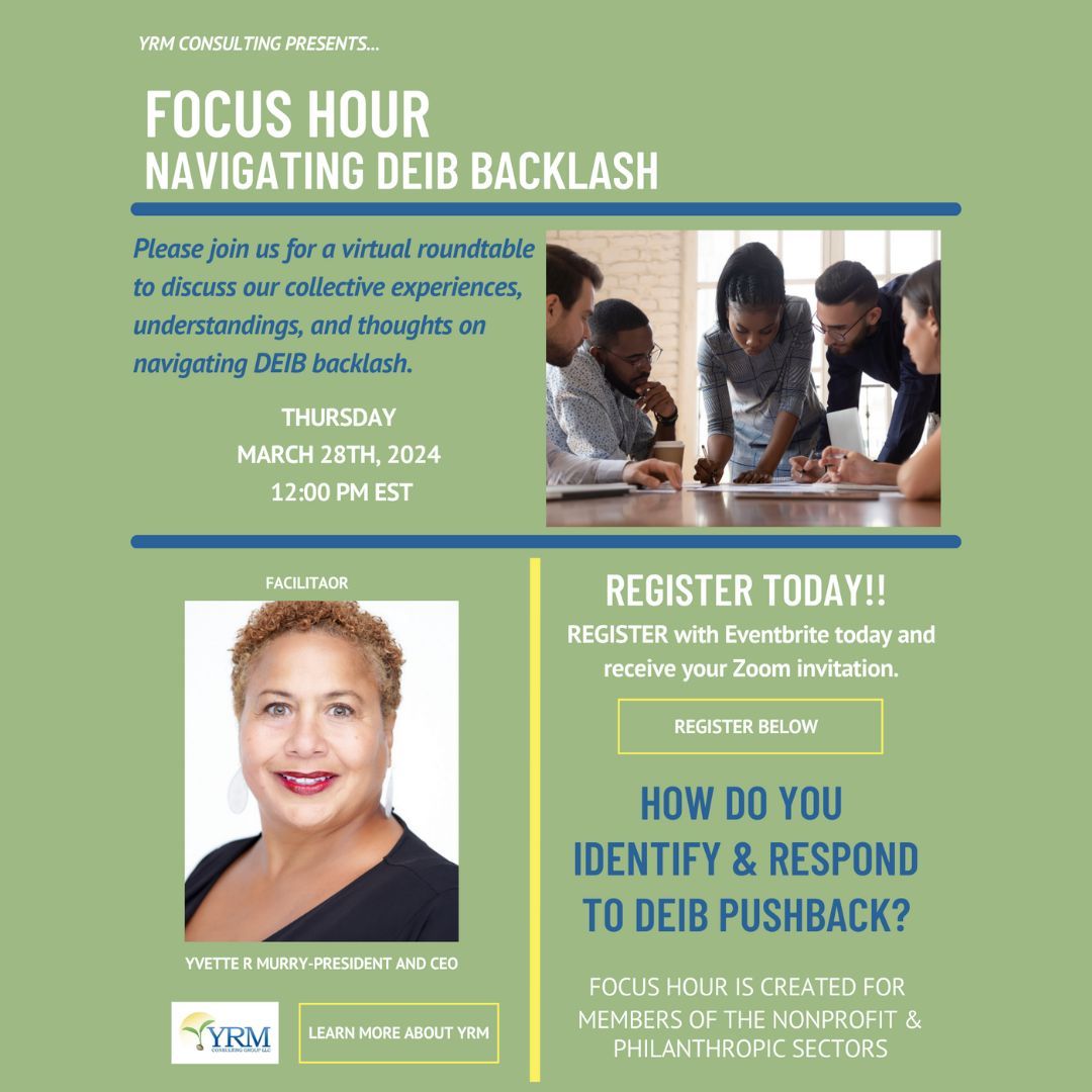 Join Gathering Ground's Elevating Equity's Holistic Wellness Coach Yvette Murry for a zoom gathering Tomorrow, March 28th at 12pm EST, YRM FOCUS HOUR: Navigating DEIB Backlash. Register at buff.ly/4cuOPsB