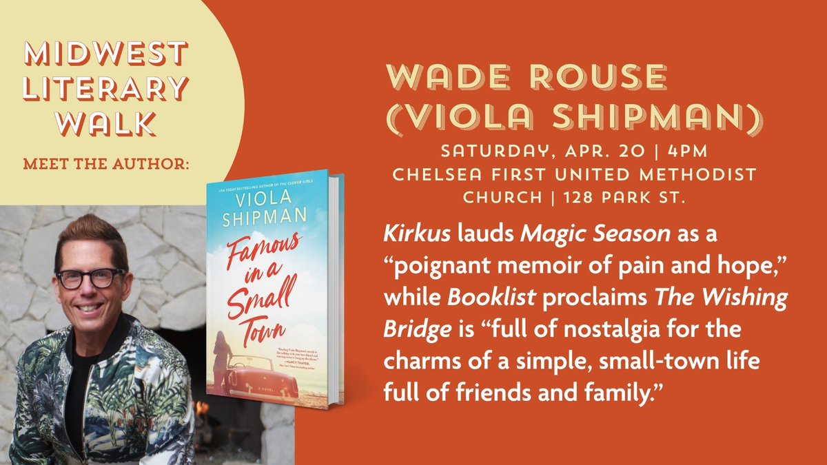 Midwest Lit Walk (@midwestlitwalk) on Twitter photo <a href="/waderouse/">Wade Rouse</a>, bestselling author of fiction and memoir, writes under both his given name, and under <a href="/viola_shipman/">Viola Shipman</a>, a pen name inspired by his grandmother. Shipman's books are hugely popular among Chelsea readers and we are thrilled to welcome Rouse to the Midwest Literary Walk! <a href="/waderouse/">Wade Rouse</a>, bestselling author of fiction and memoir, writes under both his given name, and under <a href="/viola_shipman/">Viola Shipman</a>, a pen name inspired by his grandmother. Shipman's books are hugely popular among Chelsea readers and we are thrilled to welcome Rouse to the Midwest Literary Walk!