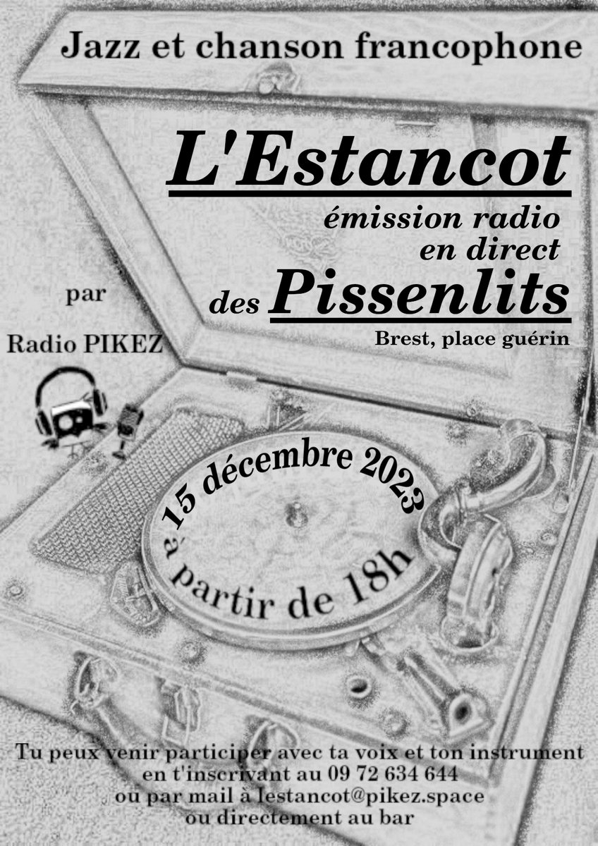 C'était le 15 décembre 2023, en direct du Bar-Crêperie Les Pissenlits par la racine de la #placeguerin à #brest 
Un Estancot en #jazz et #chansonfrancophone 
Merci à Yannick pour son accueil et tout le reste.
Soutient pour que vivent Les Pissenlits

pikez.space/lestancot-120/