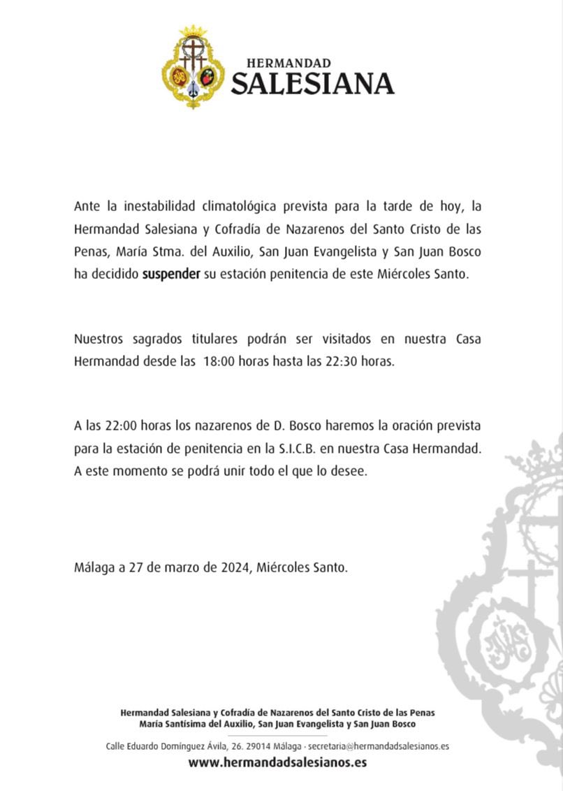 cofradiasmalaga's tweet photo. La @HdadSalesiana anuncia que suspende su salida. #CofradíasMLG https://t.co/fYXQMwUKL1