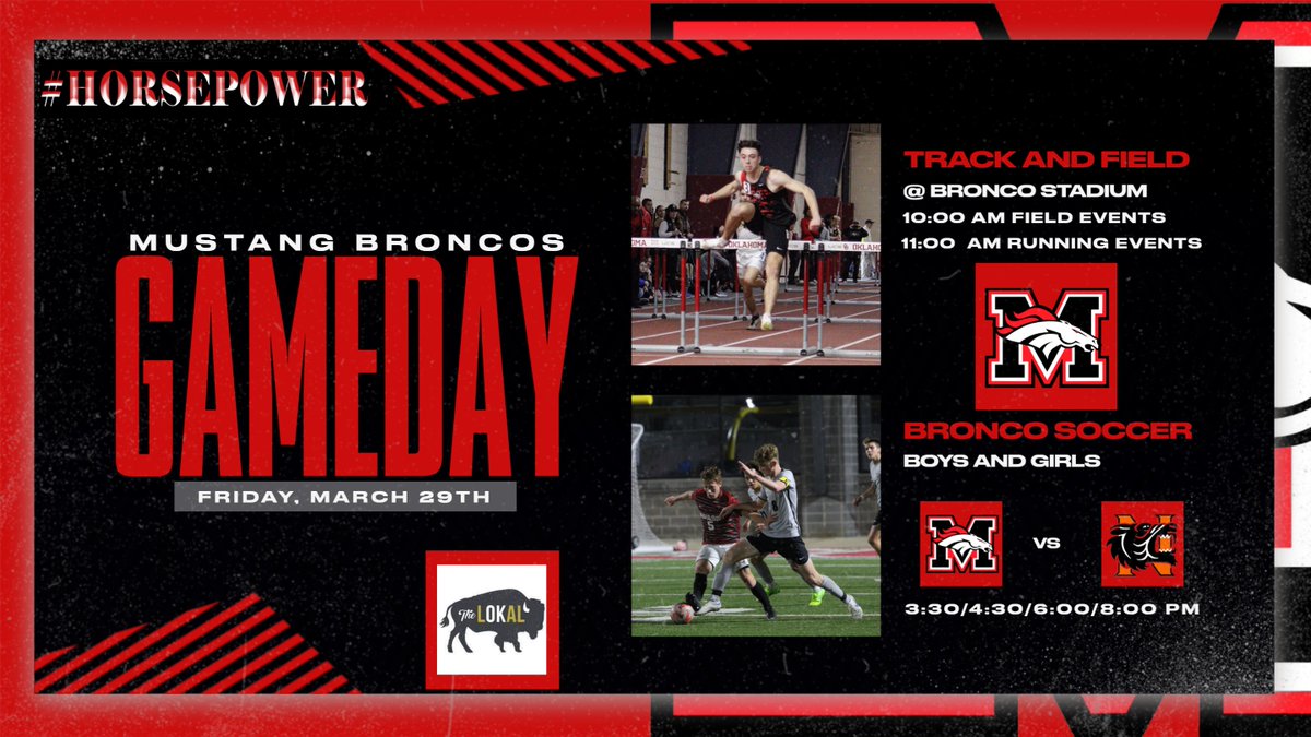 🐴👟⚽️ It's Meet Day & Game Day!!! 👟 @BroncoTrack Home Meet ⏰ 10:00 AM Start 📍 Bronco Stadium 🆚 @LadyBroncoSoc & @Mustang_Soccer1 vs Norman ⏰ 3:30/4:30/6:00/8:00 PM 📍 The Mustang Pitch #GoBroncos #Horsepower @MustangSchools @MHS_Broncos @MHStheStable