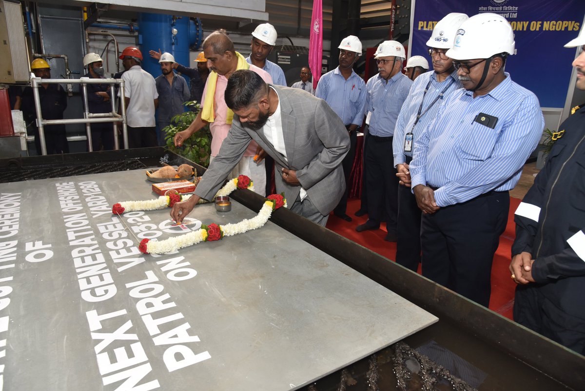 goashipyardltd's tweet photo. As part of 7 New Generation OPV project for Indian Navy, #GSL commenced physical construction of 3rd &amp; 4th Vessels yard 1280 &amp; 1283 by Plate Cutting ceremony at the hands of senior distinguished employees Shri Hillario D'Souza &amp; Shri Pramod Shridas Gad.| https://t.co/1HMp3yEqaD