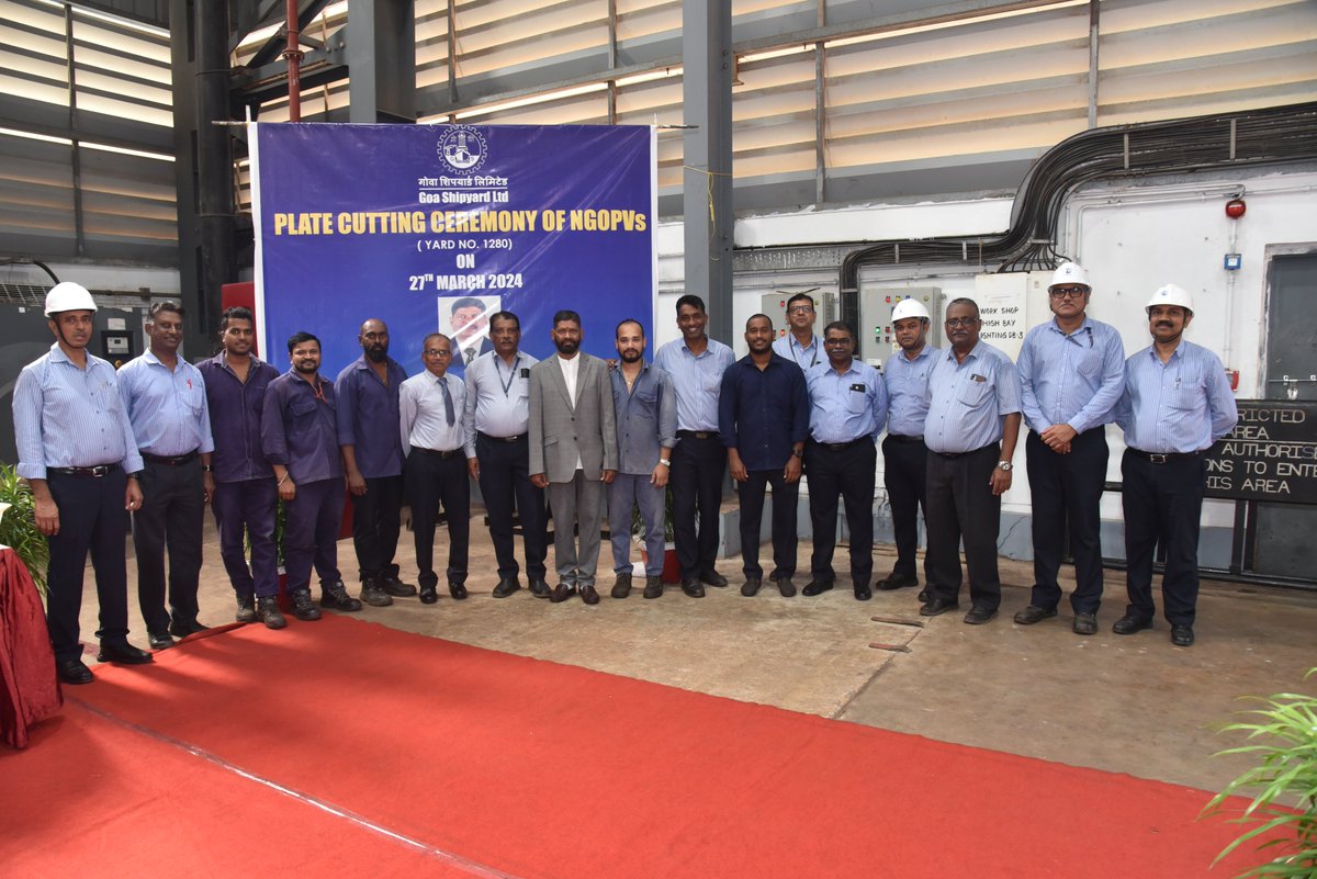 goashipyardltd's tweet photo. As part of 7 New Generation OPV project for Indian Navy, #GSL commenced physical construction of 3rd &amp; 4th Vessels yard 1280 &amp; 1283 by Plate Cutting ceremony at the hands of senior distinguished employees Shri Hillario D'Souza &amp; Shri Pramod Shridas Gad.| https://t.co/1HMp3yEqaD