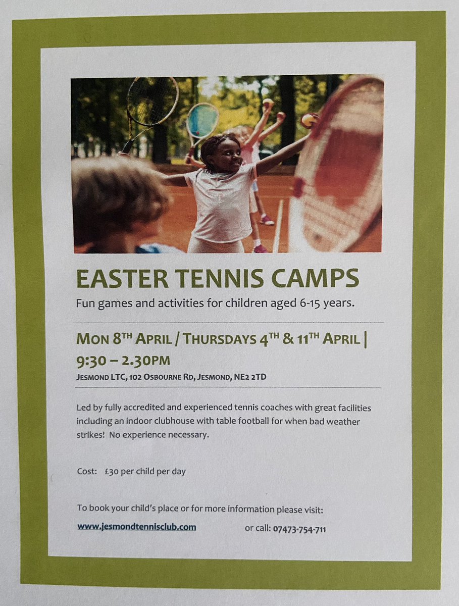 Alison_Cartmell's tweet photo. Easter holidays tennis camps @Jesmondtennis on 4th, 8th &amp; 11th April.  
Fun games &amp; tennis activities for 6-15 year olds.  🎾🐣
Sign up &amp; full information at:
https://t.co/TtKBCd0tpC
@LTANorthEast https://t.co/FI7gnQhmOO