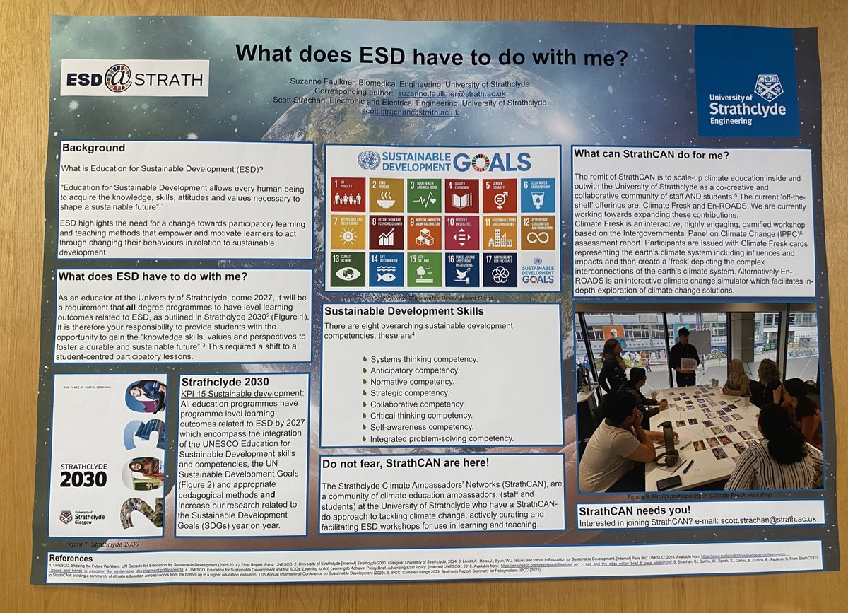 SFaulknerPandO's tweet photo. Thank you #ESDStrath24 for the opportunity to present my poster ‘What does ESD have to do with me?’ Highlighting KPI 15 of Strathclyde 2030 - the requirement to embed Education for Sustainable Development in all programmes by 2027. Find out what StrathCAN can do for you! https://t.co/jpG3xjPdlG