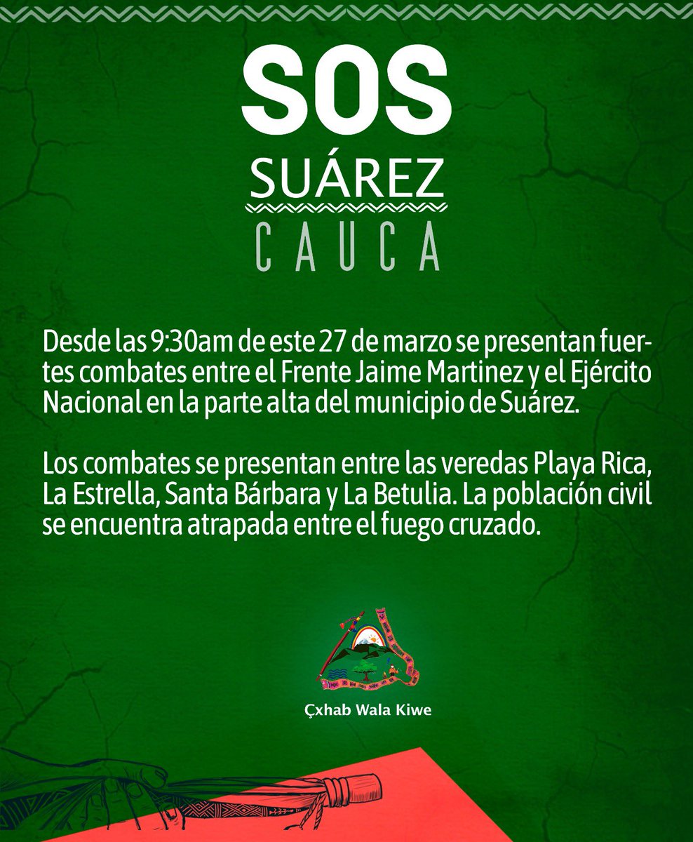 ACIN_Cauca's tweet photo. Fuertes combates en el corregimiento de La Betulia, municipio de Suárez. Se debe respetar la vida de la población civil. https://t.co/vHUkw34X4d