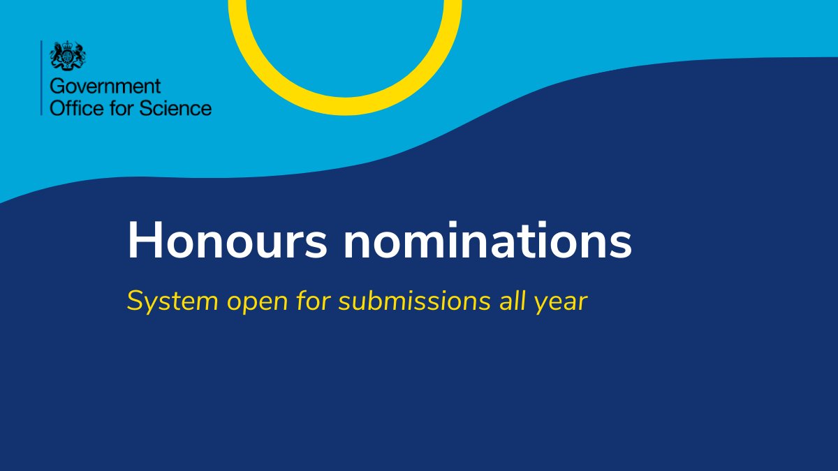 Do you know someone who does outstanding work in science, technology and research and deserves recognition? Nominate them for an honour! The deadline for the New Year round is fast approaching, but nominations can be submitted at any time. Details 👇 gov.uk/government/pub…