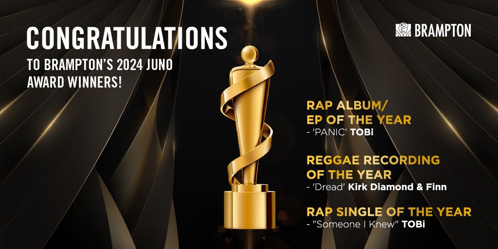 From the heart of #Brampton to the top of the Canadian charts. 🎶 Huge congratulations to <a href="/sincerelytobi/">before we PANIC</a>, <a href="/kirkdiamond/">Kirk Diamond 🦁</a> and <a href="/mcdjfinn/">FINN</a> for their well-deserved Juno Award wins!

You continue to make the city proud! ✨