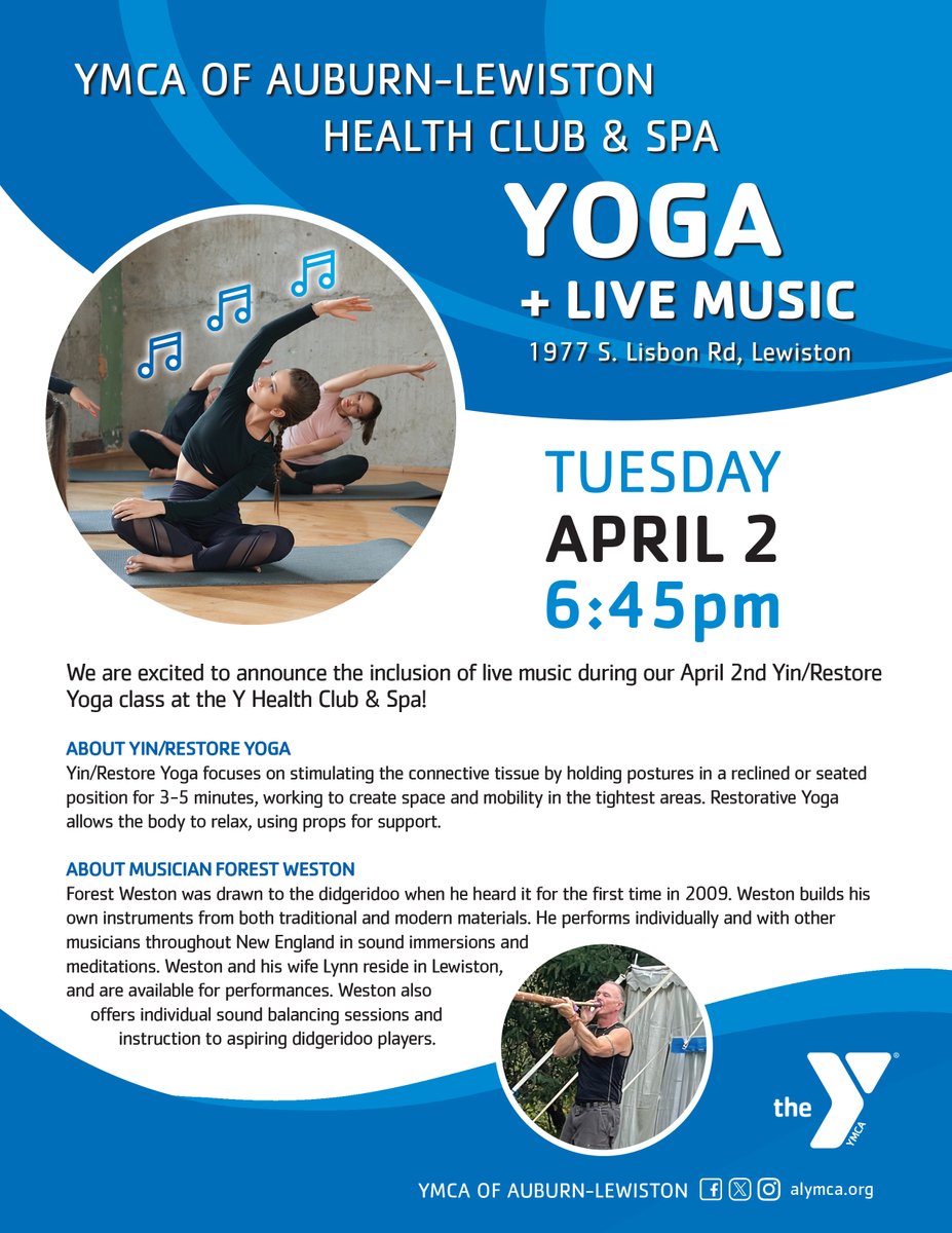 🎵 We are excited to announce the inclusion of live music during our April 2nd Yin/Restore Yoga class at the Y Health Club & Spa! Drop by at 6:45pm on Tuesday April 2nd to experience this fusion of movement and music firsthand. #auburnmaine #lewistonmaine #ymca