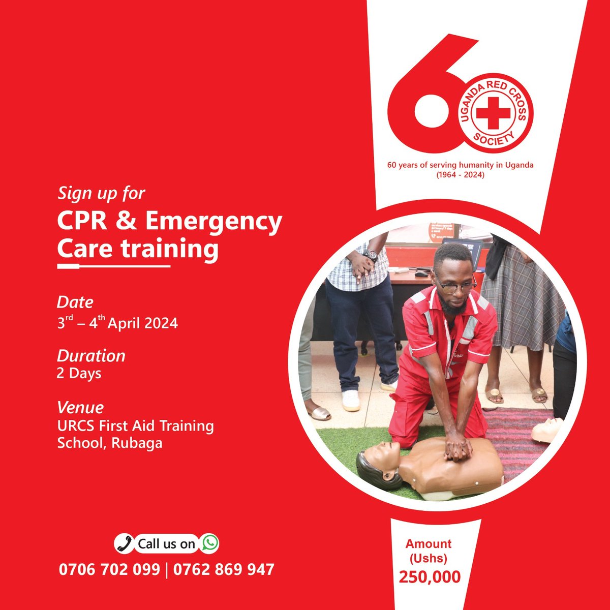 Get equipped with first aid / life saving skills to make your work place or home safer. Sign up for a 2-day CPR and Emergency care training with us at @UgandaRedCross Learn essential techniques of CPR, emergency care, choking relief, managing bleeding, bandaging, and other