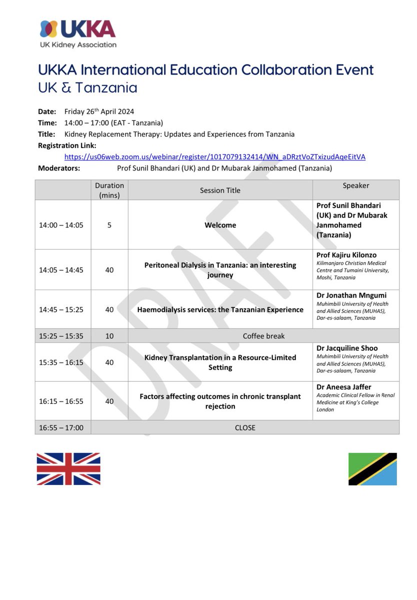Charlotte Snead (@charlottemsnead) on Twitter photo Just over 4 weeks to go until the next UKKA international educational event, this time with Tanzania 🇹🇿 on kidney replacement therapy topics. Sign up now! See link below 👇
<a href="/UKKidney/">The UK Kidney Association</a> <a href="/RenalSpRClub/">Renal SpR Club</a> <a href="/AfricanAFRAN/">African Association of Nephrology (AFRAN)</a>
🗓️ 26th April 2024
🕘 12:00-15:00 BST/14:00-17:00 EAT Just over 4 weeks to go until the next UKKA international educational event, this time with Tanzania 🇹🇿 on kidney replacement therapy topics. Sign up now! See link below 👇
<a href="/UKKidney/">The UK Kidney Association</a> <a href="/RenalSpRClub/">Renal SpR Club</a> <a href="/AfricanAFRAN/">African Association of Nephrology (AFRAN)</a>
🗓️ 26th April 2024
🕘 12:00-15:00 BST/14:00-17:00 EAT