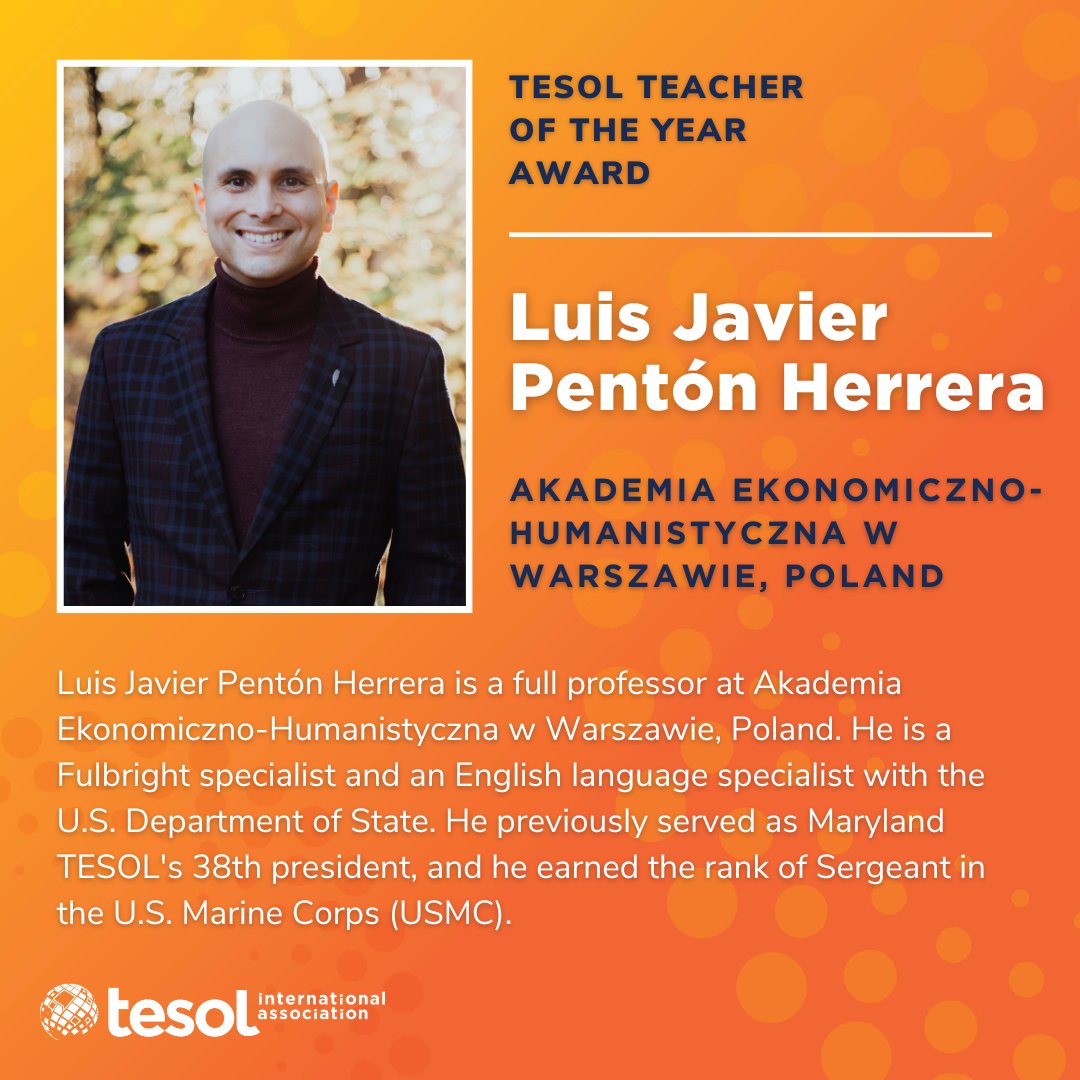 🏆 We’re pleased to recognize this year’s exceptional #TESOL Teacher of the Year. Congrats, Luis Javier Pentón Herrera, for all you do on behalf of multilingual leaners of English! Learn more about this award and apply: bit.ly/43vVyyg #ELT #TEFL #TESL #TESOL2024