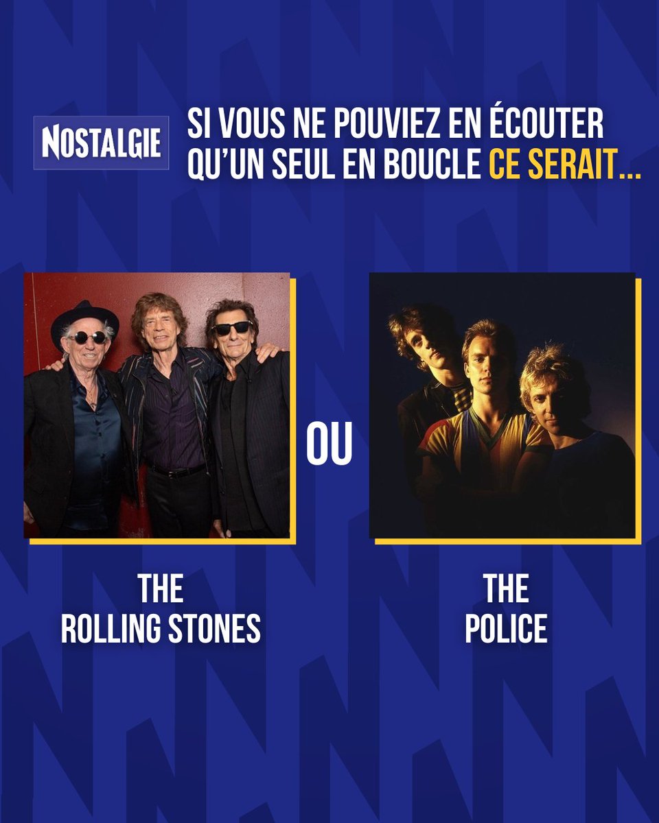 Le dilemme de la semaine : Vous êtes plutôt The Rolling Stones ou The Police ? 👀 Les titres de vos artistes préférés sont à retrouver sur l’appli Nostalgie ! 🔥