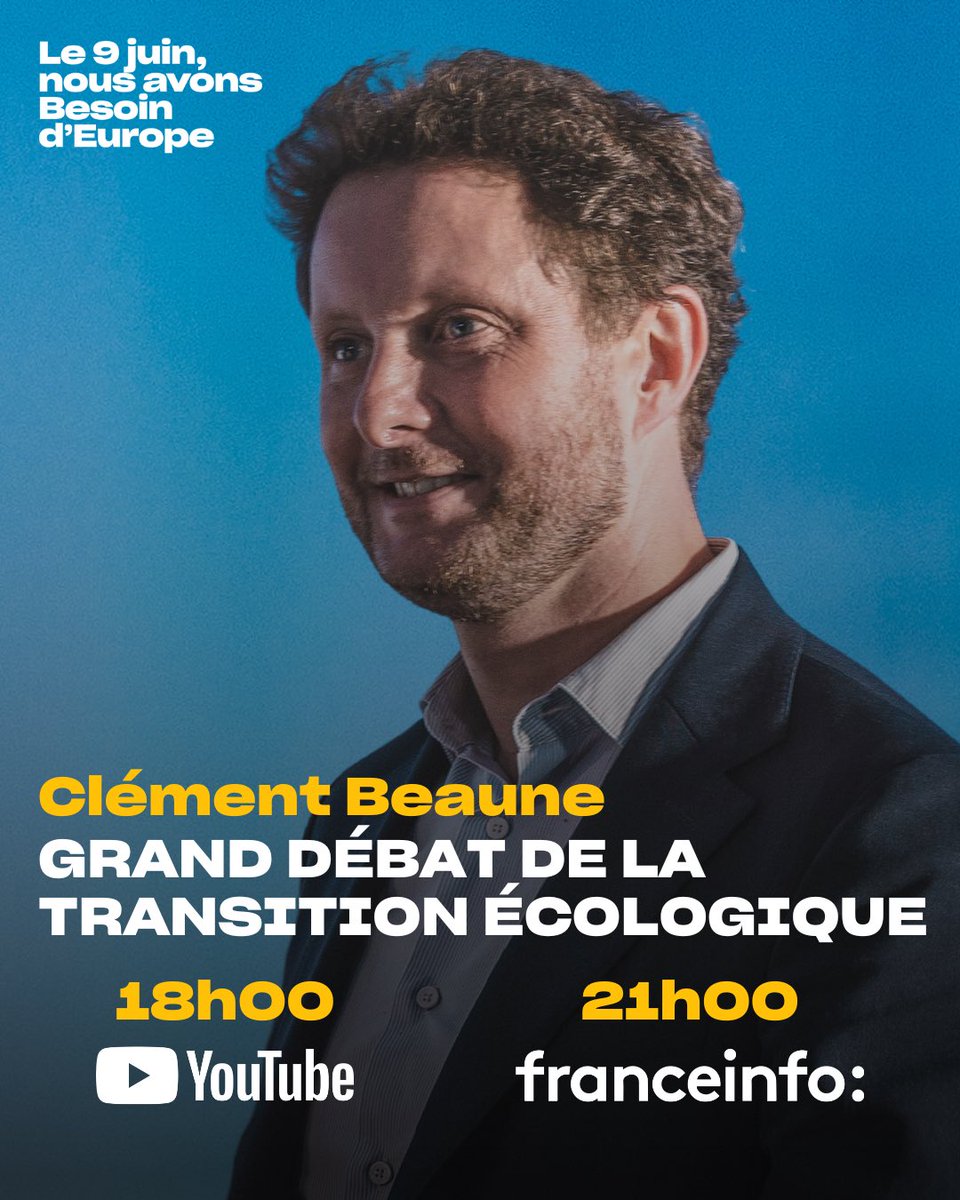 .@CBeaune sera présent pour le grand débat européen sur la transition écologique. Rendez-vous à 18h sur la chaîne YouTube de @GaspardG_ et à 21h sur @franceinfo ! 👉 youtube.com/@GaspardG