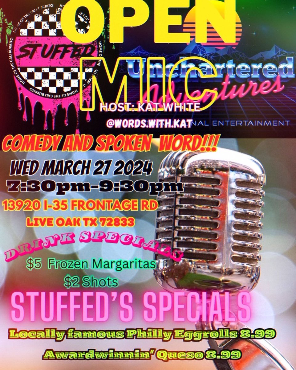 WordsWithKat's tweet photo. Tonight! Cominβ for you San Antonio, Texas! Excited & honored to partner with Stuffed, Unchartered Adventures & Flash Laughs to connect and continue to build our creativity in community together. π«Ά #satx #wordswithkat #openmic #flashlaughs #comedy #poetry #spokenword #sanantonio https://t.co/yHdN6R6Qrb