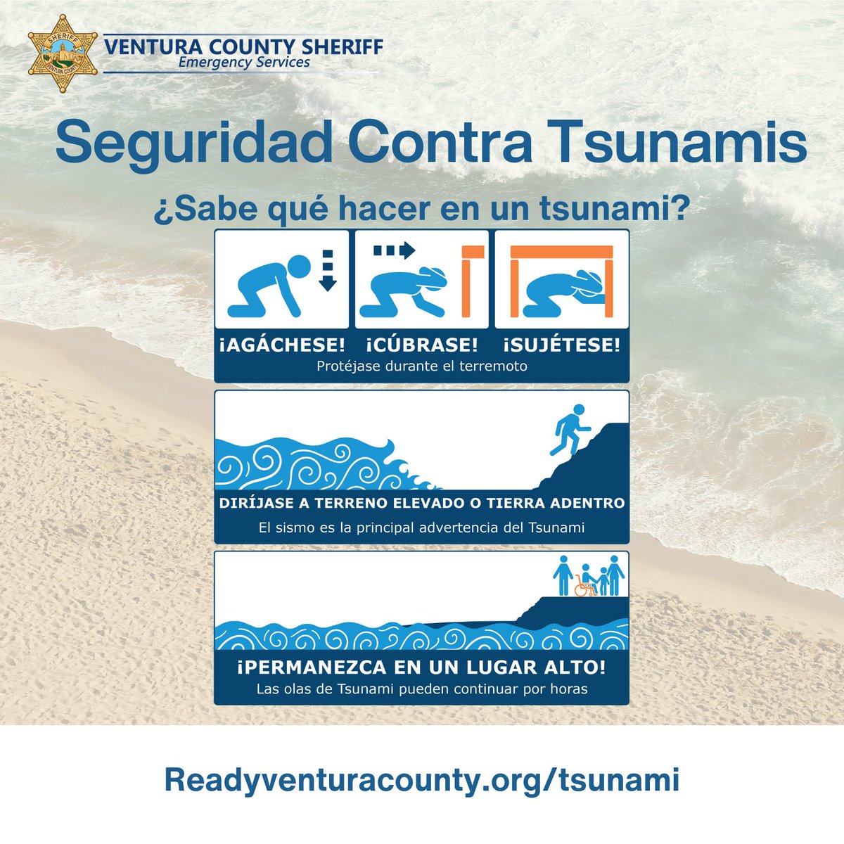 VENTURASHERIFF's tweet image. Los tsunamis son causados por terremotos submarinos. Si está cerca de la costa y siente temblores, ¡ve a un terreno más alto inmediatamente! Descubra si se encuentra en la Zona en bit.ly/3vteUro.
#VCSheriff #VCOES @CountyVentura @cityofventura @CityofOxnard @porthuenmeca