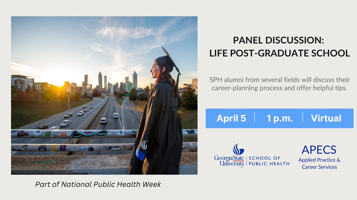 Hey grad students! Don't miss out on our panel discussion Life Post-Graduate School featuring SPH alumni sharing their career experiences on April 5. Register now! #NPHW24 Register here: t.gsu.edu/49ZacAm